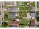 An aerial view shows backyards with pools, play equipment, and patio sets at 1627 Pleasant St, Indianapolis, IN 46203