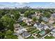 An aerial view of a neighborhood with lush trees and a vibrant skyline backdrop at 1627 Pleasant St, Indianapolis, IN 46203