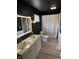 Modern bathroom featuring dark walls, a unique light fixture, and a dual sink vanity at 258 Riverwood Dr, Noblesville, IN 46062