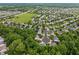 An aerial view shows a residential area with well-maintained homes, mature trees, and green spaces at 5640 High Vista Cir, Indianapolis, IN 46234