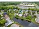 An aerial view pinpoints a charming home nestled by a pond, offering a picturesque setting and neighborhood feel at 11040 Brave Ct, Indianapolis, IN 46236