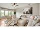 Living room features hardwood floors, neutral paint, large windows, and an eye catching modern rug at 11040 Brave Ct, Indianapolis, IN 46236