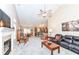 Open concept living room with vaulted ceiling, fireplace, and views into kitchen and dining area at 11692 Seven Oaks Dr, Fishers, IN 46038