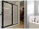 Bathroom showcasing a glass-enclosed shower and access to a walk-in closet at 13485 Mancroft Dr, Fishers, IN 46037