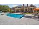 Backyard area with pool, stamped concrete patio, and brick home with covered porch at 24 Shannon Rd, Zionsville, IN 46077