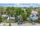 An aerial view showcasing the neighborhood and the home's well-treed surroundings at 401 Harlan St, Indianapolis, IN 46201