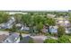 An aerial view showcasing the neighborhood and the home's well-treed surroundings at 401 Harlan St, Indianapolis, IN 46201