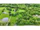Aerial view of a serene property with pond, mature trees, lush greenery and long driveway at 4495 W Stones Crossing Rd, Greenwood, IN 46143