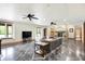 Spacious basement featuring a fireplace, large TV, and access to a backyard patio at 4495 W Stones Crossing Rd, Greenwood, IN 46143