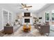 Cozy living room featuring a fireplace, neutral-toned furniture, and ample natural light at 5313 Redbird Dr, Columbus, IN 47201
