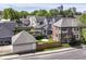 Aerial view of a neighborhood featuring well-maintained homes, green spaces, and a city skyline at 635 E 10Th St, Indianapolis, IN 46202