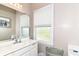 Bright bathroom features a large mirror, modern vanity, and frosted window at 635 E 10Th St, Indianapolis, IN 46202