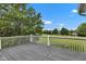 Open-air deck with gray wood flooring offering views of the expansive backyard and surrounding landscape at 6610 Royal Oakland Dr, Indianapolis, IN 46236