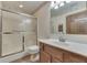 Bathroom featuring an updated vanity, shower with glass doors, and tiled floor at 2025 Flamingo Way, Franklin, IN 46131