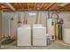 Basement laundry area with a washer, dryer, and water heater, plus open ceiling with exposed beams at 2445 S Bolton Ave, Indianapolis, IN 46203