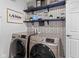 Organized laundry area with stylish shelving, modern washer and dryer set, and herringbone wallpaper at 5848 Sheffield Ln, Whitestown, IN 46075