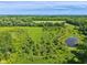 Expansive aerial view of lush green property with a serene pond and picturesque tree line at 9656 Summerton Dr, Fishers, IN 46037
