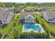 Aerial shot of backyard pool featuring a diving board, sun umbrellas, and meticulously maintained lawn at 9656 Summerton Dr, Fishers, IN 46037