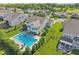 Aerial view of backyard oasis featuring a sparkling pool, lush lawn, and patio seating at 9656 Summerton Dr, Fishers, IN 46037