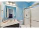 Bathroom with shower, vanity, framed mirror, decorative accents, and bright blue walls at 9656 Summerton Dr, Fishers, IN 46037