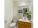 Bright bathroom with a decorative mirror, wooden vanity, and a toilet with a full supply of toilet paper at 18278 Benton Oak Dr, Noblesville, IN 46062