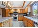 Functional kitchen featuring oak cabinets, stone countertops, a center island, and stainless steel appliances at 2971 N Buck Creek Rd, Greenfield, IN 46140
