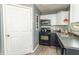 Efficient kitchen design with white cabinets, dark countertops, and modern fixtures at 305 W Vinyard St, Anderson, IN 46011