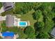 Aerial view of backyard featuring a pool, lush landscaping, fire pit, and an outlined property at 4681 Shelby Cir, Greenwood, IN 46143