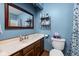 Blue bathroom with a large mirror, sink, and toilet with decorative shelves at 5412 Green Hills Dr, Brownsburg, IN 46112
