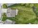 A bird's eye view of the property displaying the spacious backyard with a stone fireplace and patio at 543 Amersham Ct, Avon, IN 46123