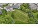 Aerial view showcasing a well-manicured backyard, complete with stone fireplace and lush lawn at 543 Amersham Ct, Avon, IN 46123