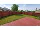 Large backyard featuring a red concrete patio and fenced-in yard at 6637 Larkwood Ct, Indianapolis, IN 46241