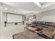 Finished basement featuring a large projection screen, leather sectional, and movie posters for an entertainment space at 11844 Pine Meadow Cir, Fishers, IN 46037