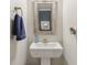 Stylish powder room featuring a modern pedestal sink, decorative mirror, and fresh design elements at 11844 Pine Meadow Cir, Fishers, IN 46037