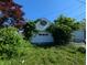 Detached two-car garage with a basketball hoop and overgrown foliage at 1433 N Denny St, Indianapolis, IN 46201