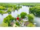 An aerial view shows homes nestled among trees and next to a tranquil lake at 242 W Warford Dr, , IN 46164
