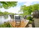 Deck with a table and chairs overlooking a lake surrounded by lush green trees on a sunny day at 242 W Warford Dr, , IN 46164