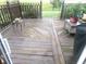 Back deck with wooden railing and decorative wooden flooring with a table and plant at 2628 Newaygo Dr, Indianapolis, IN 46217
