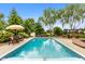 Beautiful swimming pool surrounded by chairs, a table with an umbrella, and professional landscaping at 3335 Guilford Ln, Plainfield, IN 46168