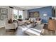 Stylish living room featuring a modern blue accent wall, a comfortable white sofa, and bright, natural lighting at 3449 Glasgow Pl, Danville, IN 46122