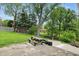 A large backyard with a patio, picnic table, and a storage shed at 4614 Thornleigh Dr, Indianapolis, IN 46226