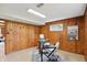 Home office boasts wood-paneled walls, a functional desk, and a patterned rug, ideal for productivity at 4614 Thornleigh Dr, Indianapolis, IN 46226