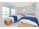 Stylized bedroom features matching beds with bright blue and white accents at 7595 Bluegill Dr, Noblesville, IN 46062