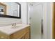 Bathroom featuring a wood vanity, a shower, and a large mirror at 823 W 200 N, Greenfield, IN 46140