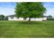 View of a home's backyard with a lush green lawn, mature shade tree, and white brick exterior at 10274 S 400 W, Pendleton, IN 46064