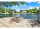 Brick firepit area and pond with mature trees in this attractive backyard at 10560 Lighthouse Way, Indianapolis, IN 46256
