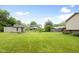 Expansive backyard featuring a storage shed and a brick fire pit, perfect for outdoor entertaining at 1440 Fenwick Ave, Indianapolis, IN 46219