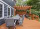 Cozy backyard deck with wooden pergola, string lights, stylish seating, and a fire pit, perfect for outdoor gatherings at 150 E 46Th St, Indianapolis, IN 46205