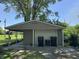 This detached garage features a wide, white garage door, space for car cover, and trash cans along the side at 409 Parkway St, Whiteland, IN 46184