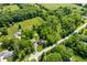 Scenic aerial view showcases a property with mature trees and a sparkling pool, blending comfort with natural beauty at 5253 W 8Th Street Rd, Anderson, IN 46011